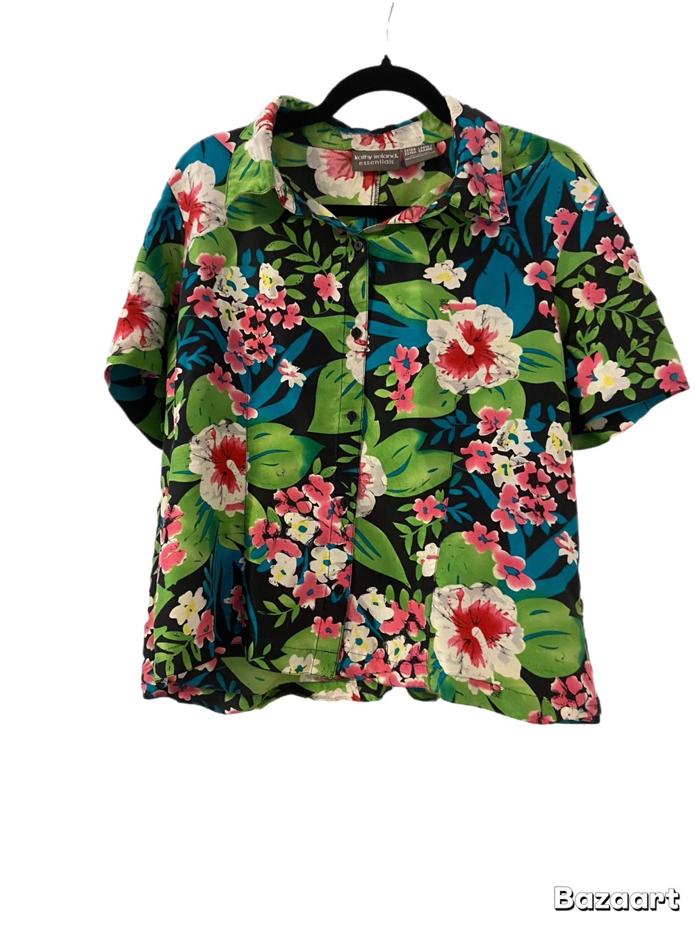 kathy ireland Black Floral Short-Sleeve Button Down Top with Green & Pink